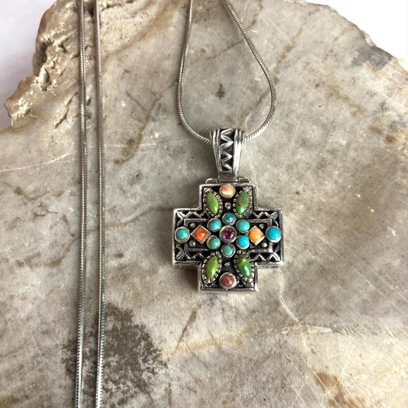 BARSE Sterling Silver 925 Multi Gemstone Equal Arms Cross Pendant Necklace 18" - Picture 1 of 16